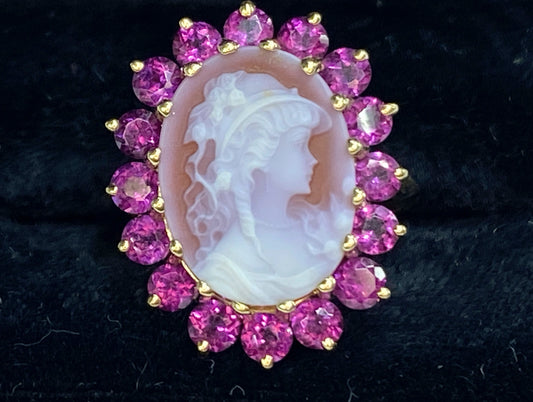 Sardonyx Cameo with Pink Tourmaline Side Stones Halo Ring 14K gold s9.5 JR72