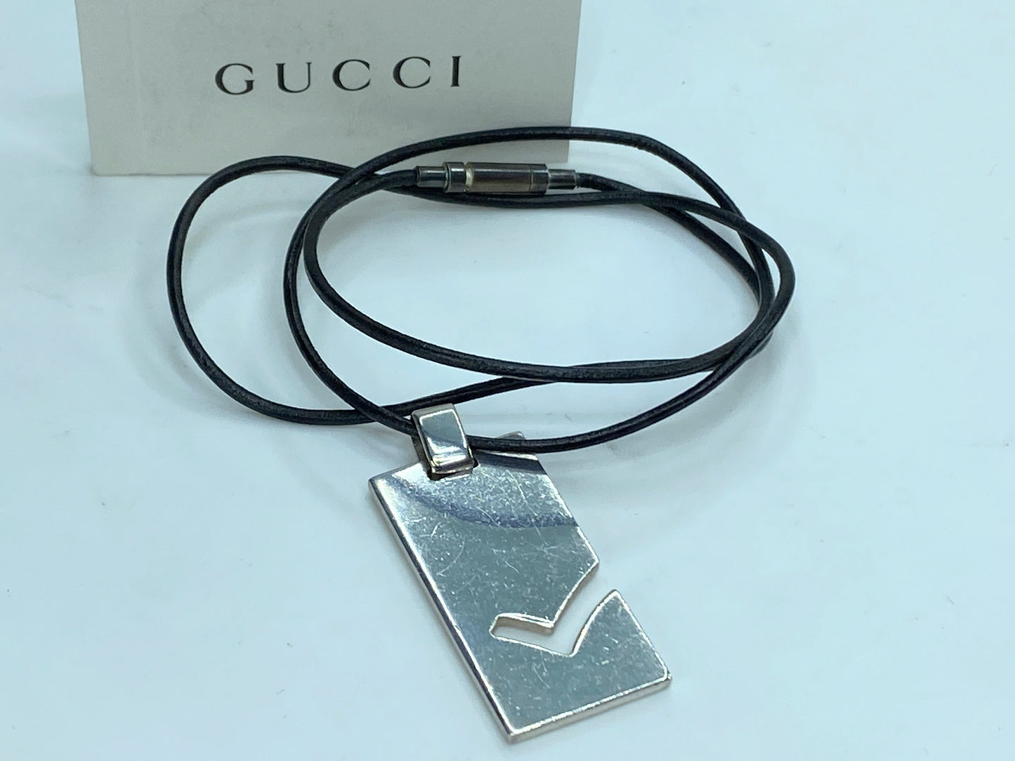 Gucci Sterling Silver Aries Charm Black Leather Cord Pendant Necklace 20" GS205