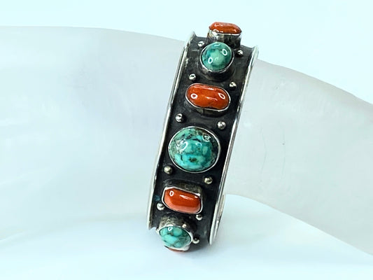 Sterling silver Southwest turquoise coral ladies cuff bracelet 6.0" 30.5g JR8785