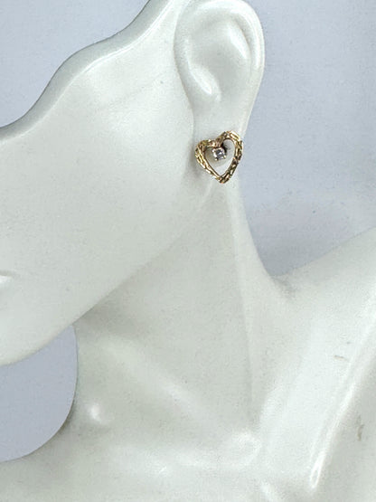Vintage 14K gold textured open-heart diamond stud earrings pierced pair JR1890