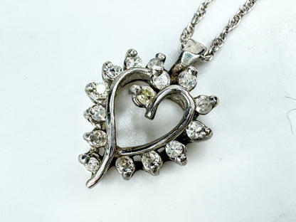 Vintage 14K White Gold Diamond Open Heart Pendant Necklace 15.5" JR1891