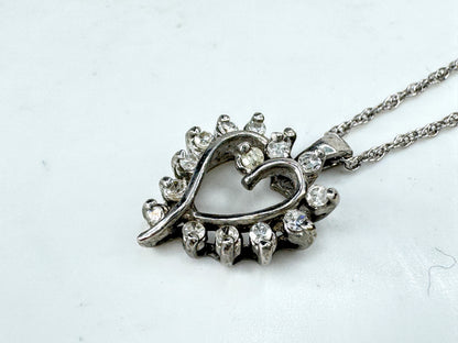 Vintage 14K White Gold Diamond Open Heart Pendant Necklace 15.5" JR1891