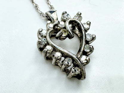 Vintage 14K White Gold Diamond Open Heart Pendant Necklace 15.5" JR1891