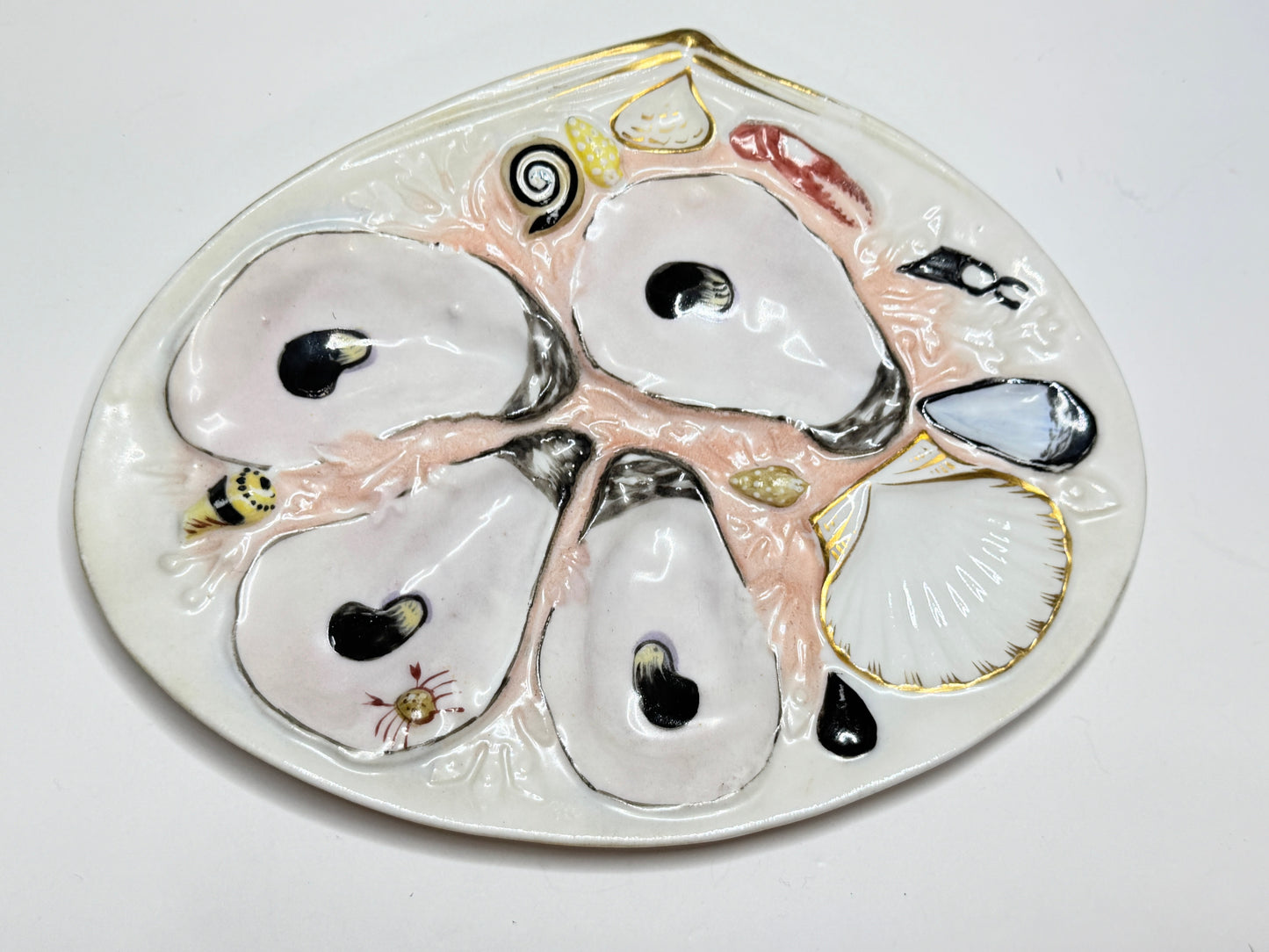 Antique American UPW Porcelain Pink peach Sea Life Oyster Plate Decor A706
