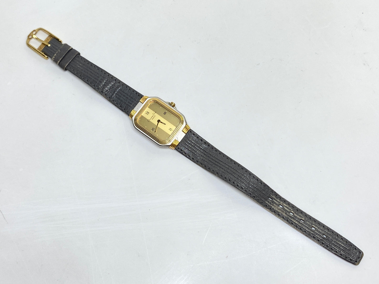 Christian Dior Paris Swiss Quartz Rectangular Watch Gold Dial Leather band SS162