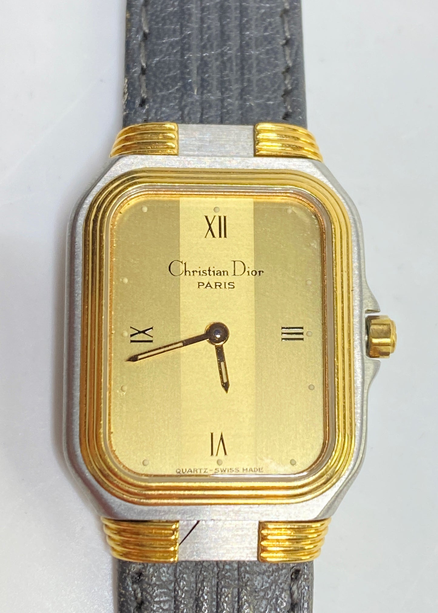 Christian Dior Paris Swiss Quartz Rectangular Watch Gold Dial Leather band SS162