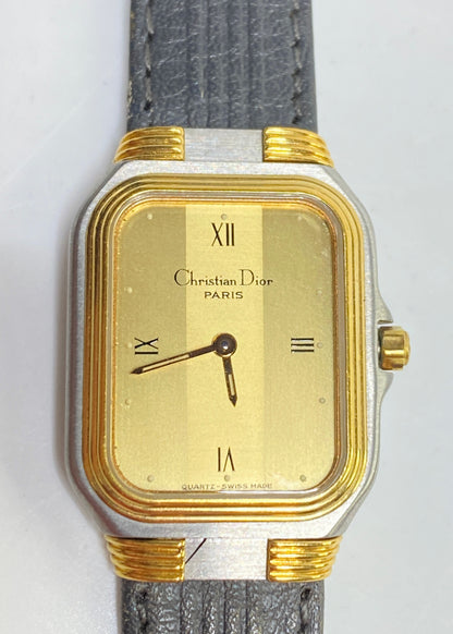 Christian Dior Paris Swiss Quartz Rectangular Watch Gold Dial Leather band SS162