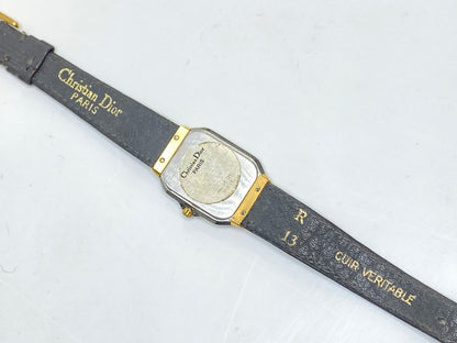 Christian Dior Paris Swiss Quartz Rectangular Watch Gold Dial Leather band SS162