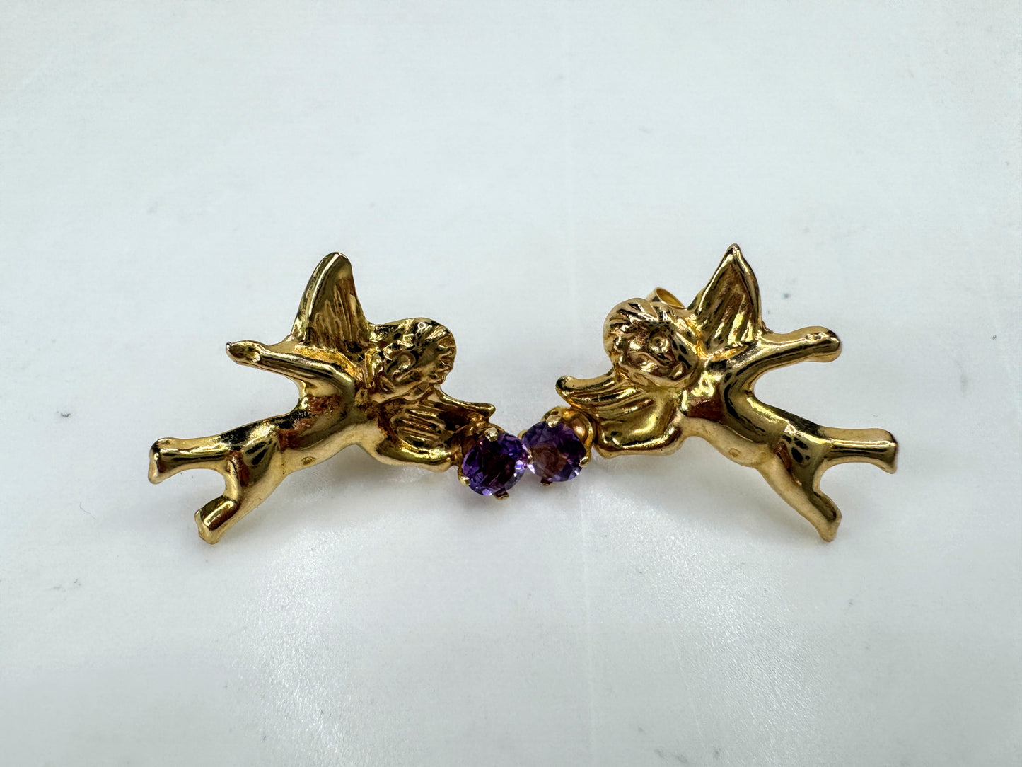 Vintage 14k gold cherub angel amethyst stud earrings textured signed 15mm JR1894