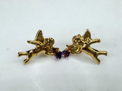 Vintage 14k gold cherub angel amethyst stud earrings textured signed 15mm JR1894