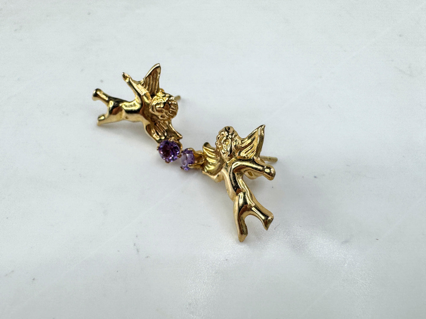 Vintage 14k gold cherub angel amethyst stud earrings textured signed 15mm JR1894
