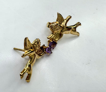 Vintage 14k gold cherub angel amethyst stud earrings textured signed 15mm JR1894