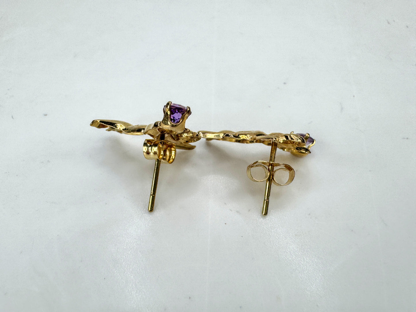 Vintage 14k gold cherub angel amethyst stud earrings textured signed 15mm JR1894