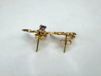 Vintage 14k gold cherub angel amethyst stud earrings textured signed 15mm JR1894