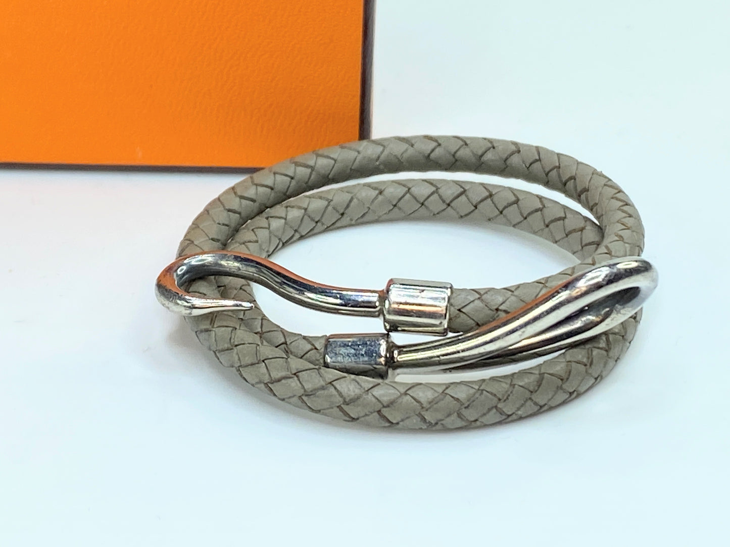 Hermes Jumbo Double Wrap Bracelet Grey Gray Braided Silver Hook Leather GS256