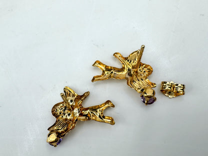 Vintage 14k gold cherub angel amethyst stud earrings textured signed 15mm JR1894