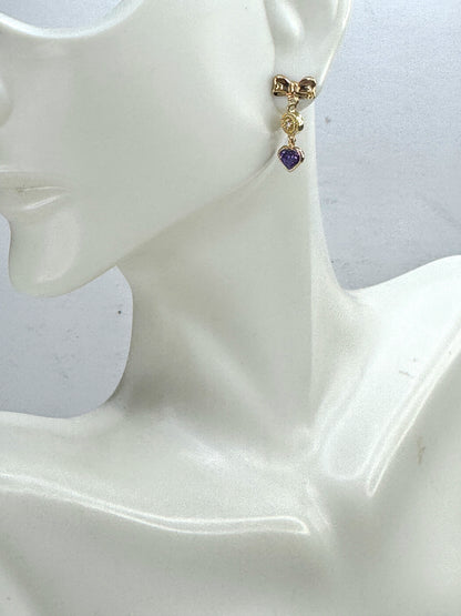 Vintage 14K Gold Amethyst and Diamond Ribbon Earrings 0.74" 1.4g JR1895
