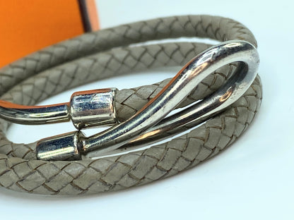 Hermes Jumbo Double Wrap Bracelet Grey Gray Braided Silver Hook Leather GS256