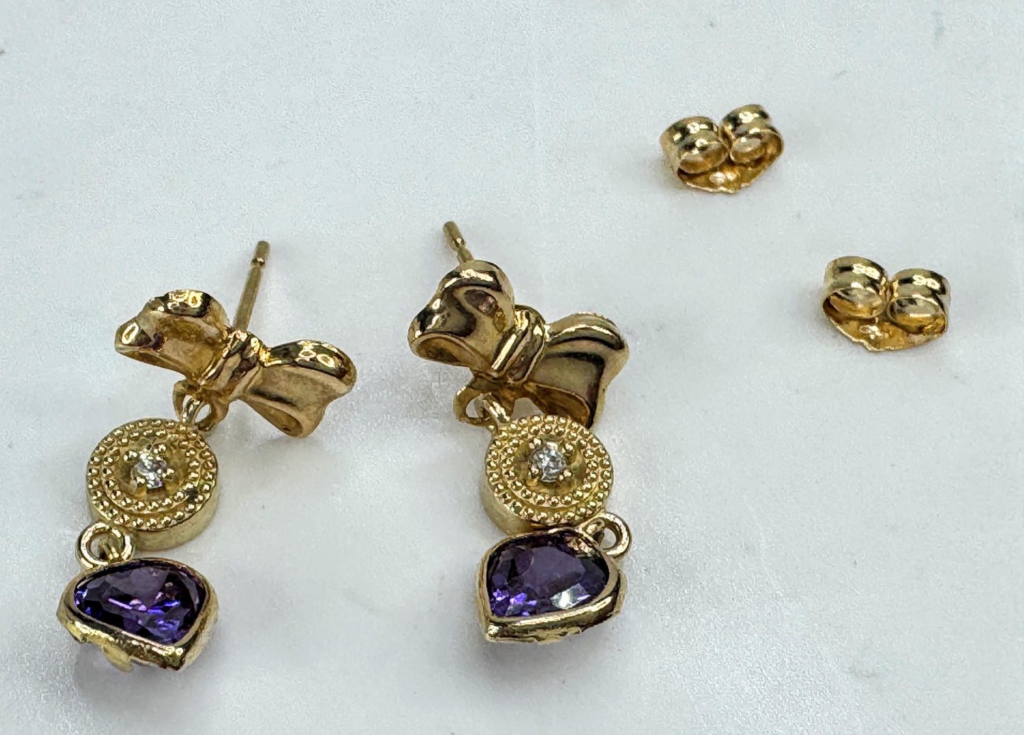 Vintage 14K Gold Amethyst and Diamond Ribbon Earrings 0.74" 1.4g JR1895