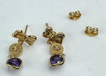 Vintage 14K Gold Amethyst and Diamond Ribbon Earrings 0.74" 1.4g JR1895