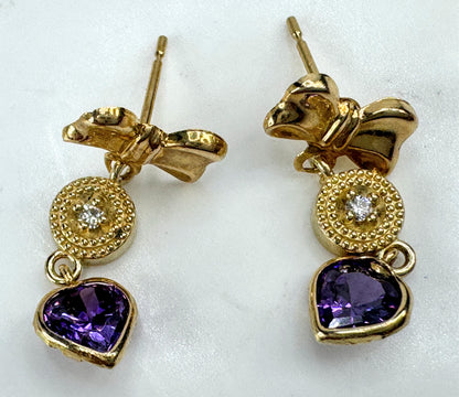 Vintage 14K Gold Amethyst and Diamond Ribbon Earrings 0.74" 1.4g JR1895