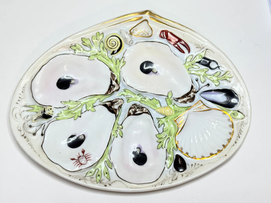Antique UPW Oyster Plate with Soft Green Seaweed & Gilt Details c1800 A712
