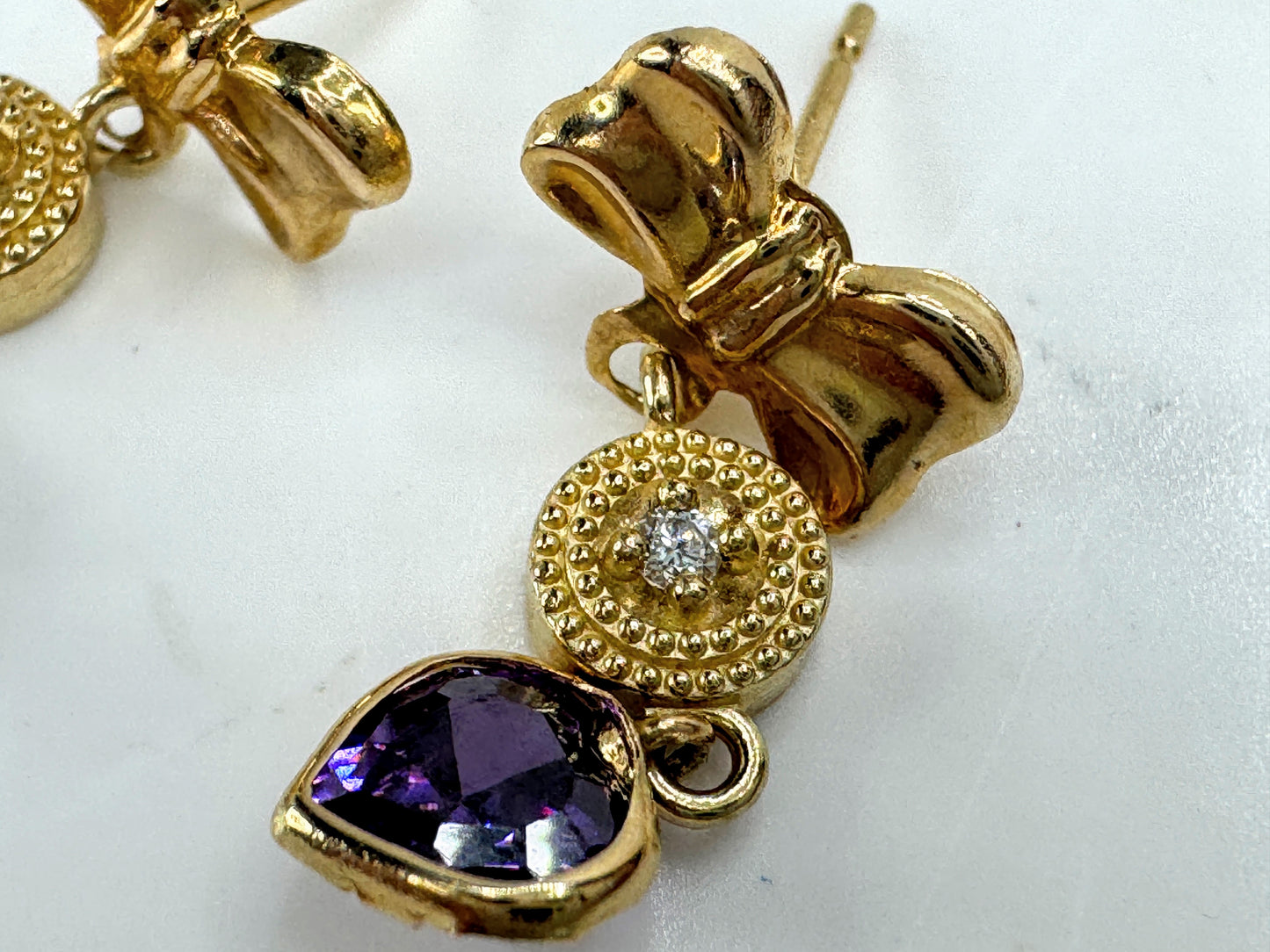 Vintage 14K Gold Amethyst and Diamond Ribbon Earrings 0.74" 1.4g JR1895