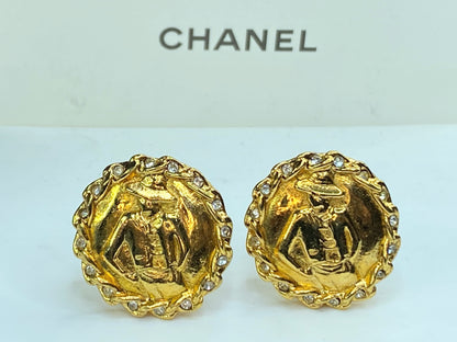 Vintage Chanel Gold Tone Madame Coco Rhinestone Round Clip on Earrings GS257