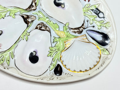 Antique UPW Oyster Plate with Soft Green Seaweed & Gilt Details c1800 A712