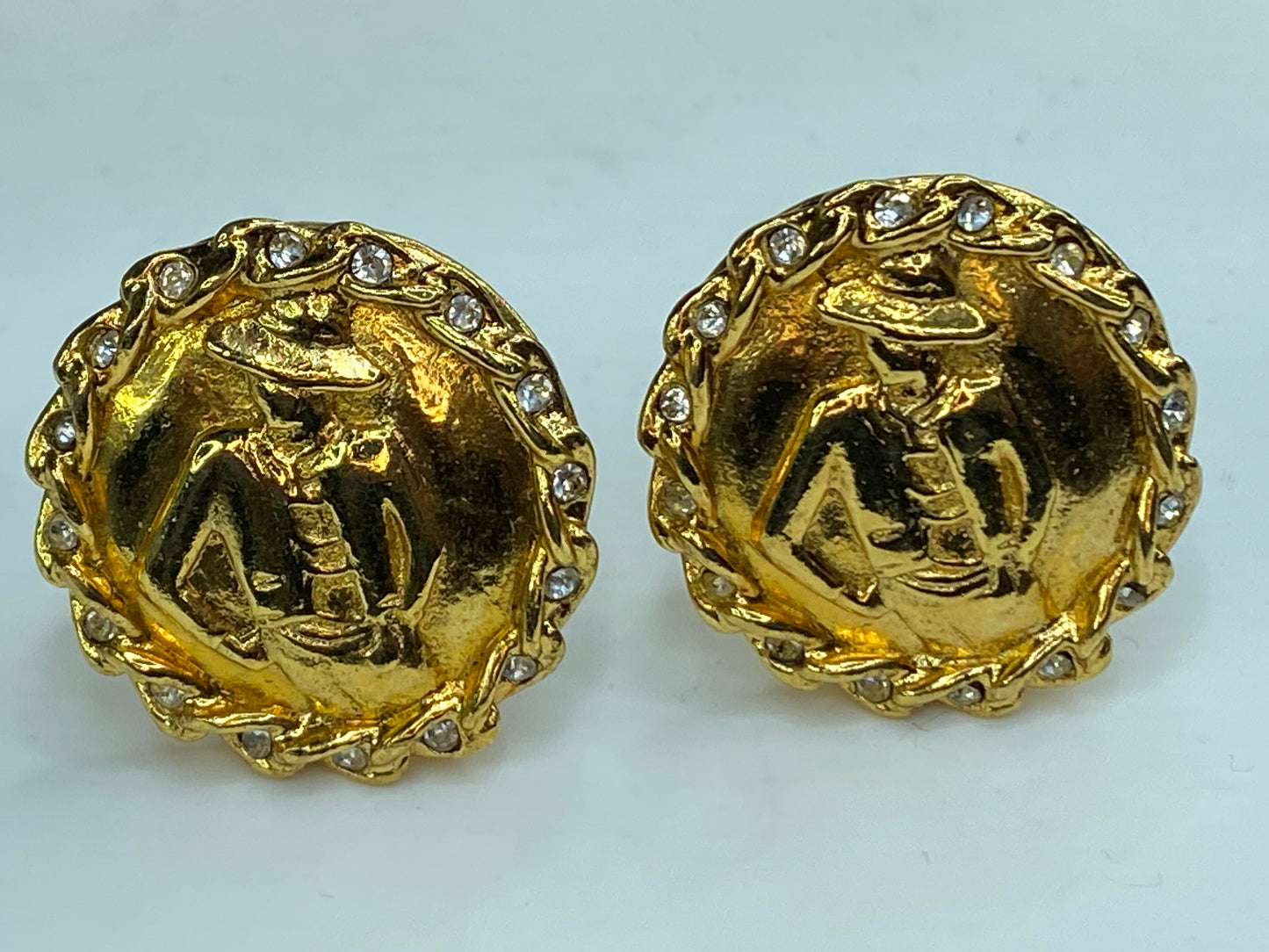 Vintage Chanel Gold Tone Madame Coco Rhinestone Round Clip on Earrings GS257