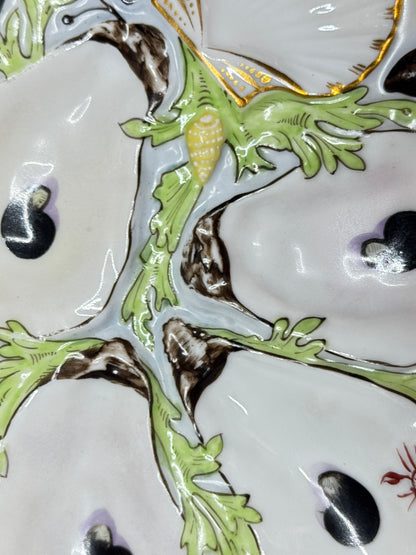 Antique UPW Oyster Plate with Soft Green Seaweed & Gilt Details c1800 A712
