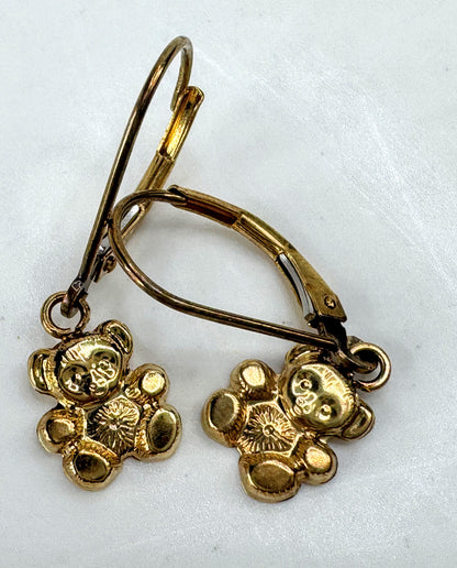 Vintage 14k gold teddy bear dangle leverback earrings cute bear JR1896