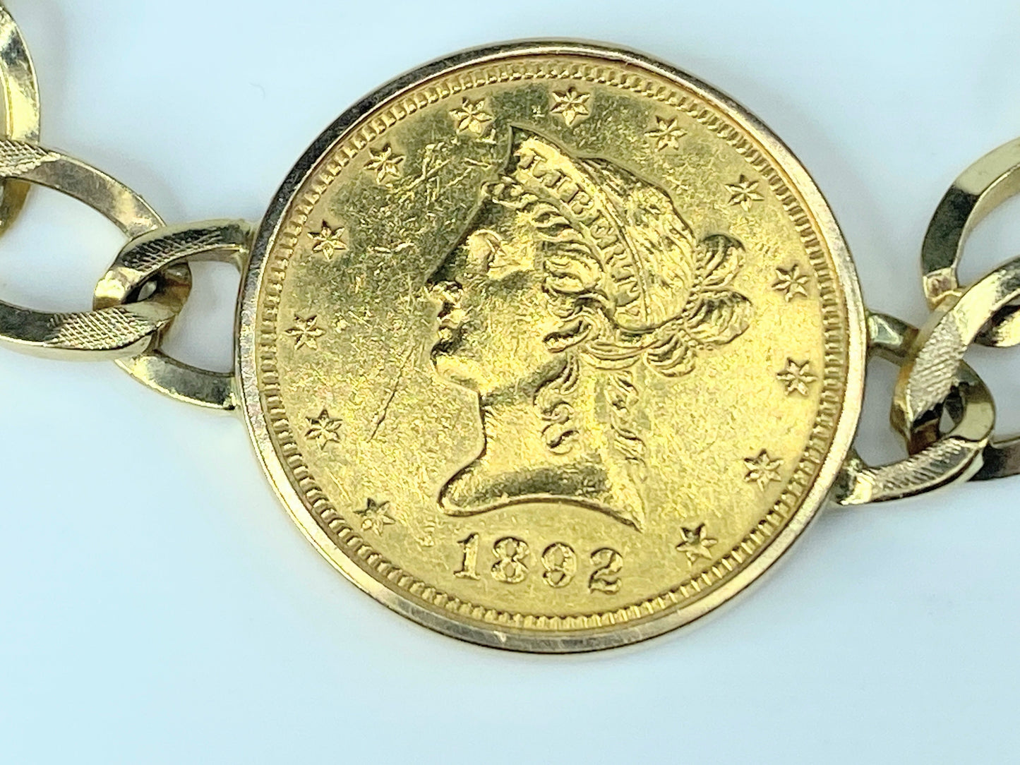 1892 $10 Gold Liberty Head 10.0mm texture bracelet 7 3/4" 37.2g JR8850