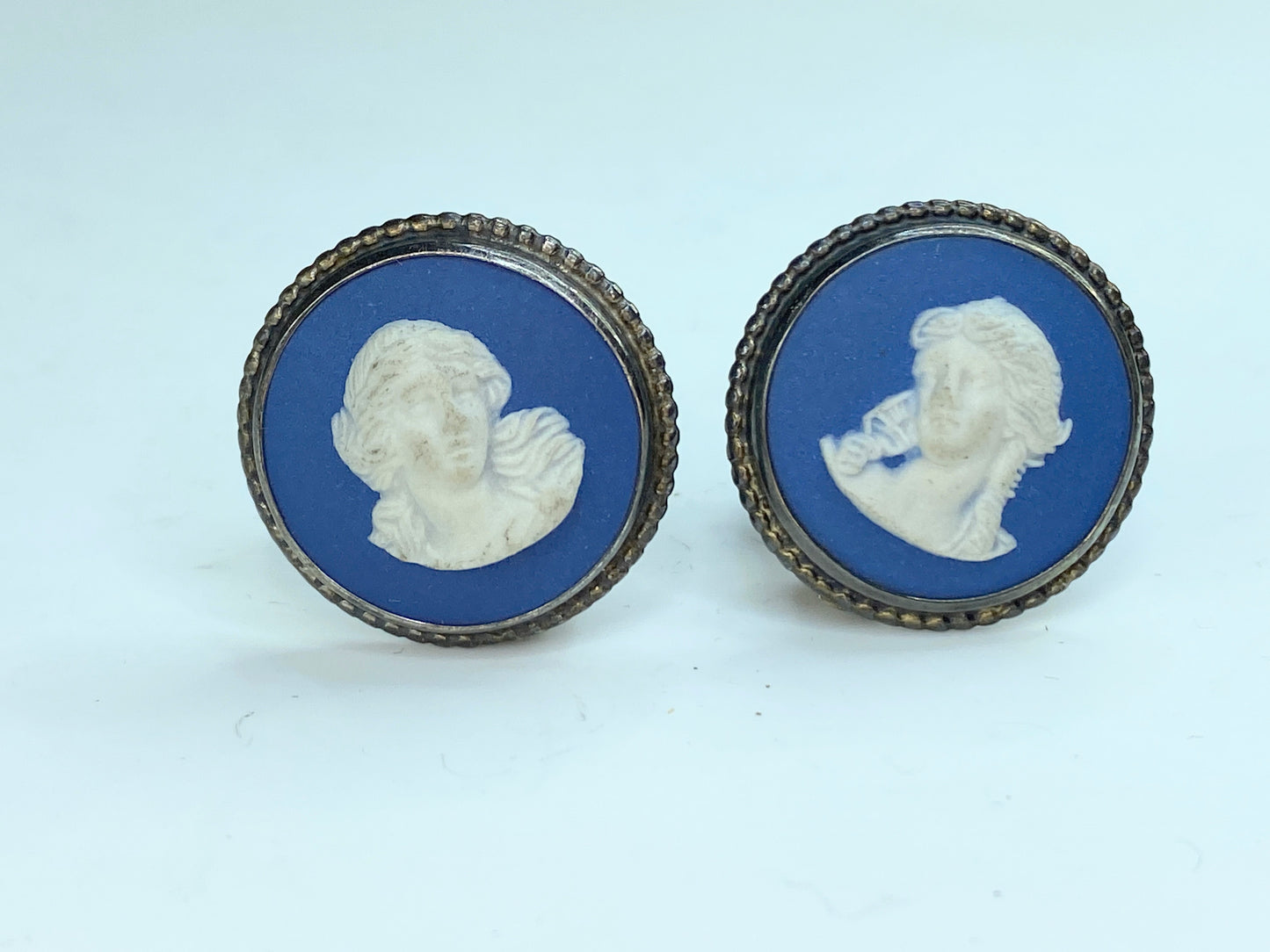 Classic 1970s Sterling Silver 925 Blue Wedgwood Jasperware Clip Earrings G267