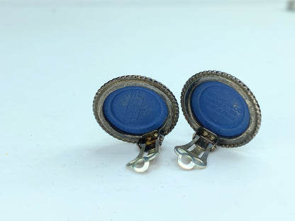 Classic 1970s Sterling Silver 925 Blue Wedgwood Jasperware Clip Earrings G267