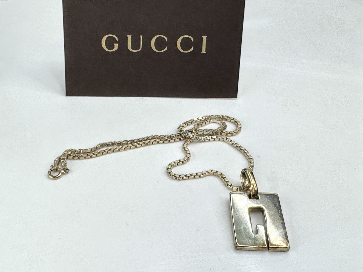 Vintage Gucci Sterling Silver G Logo Necklace 15" Box Chain Italy JR1899