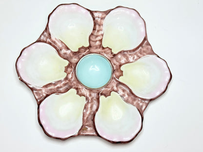 Antique French Oyster Plate with Blush Tones, Floral Form, 8.8" A717