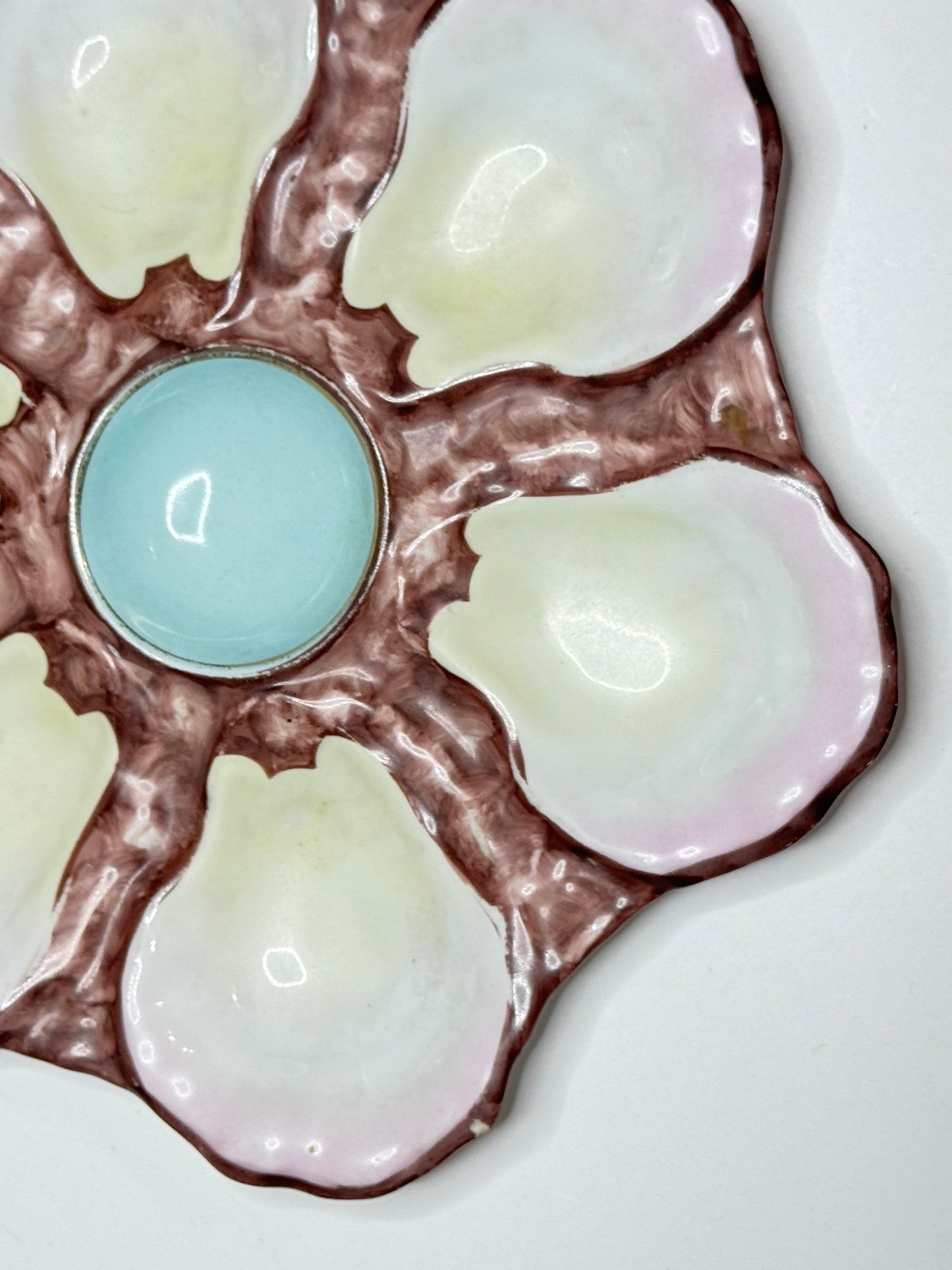 Antique French Oyster Plate with Blush Tones, Floral Form, 8.8" A717