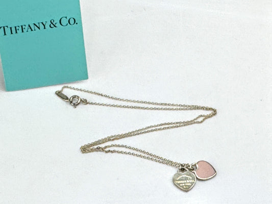 Vintage Tiffany & Co. Return to Tiffany pink enamel double heart necklace JR1903