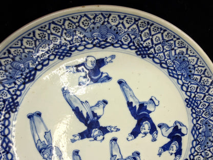Antique Chinese Blue White Boys Playing Oval Platter Early 20th C A1101