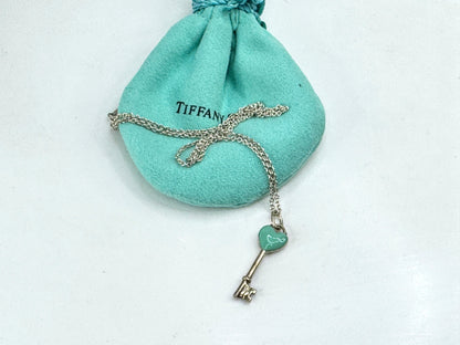 Vintage Tiffany & Co. blue enamel heart key sterling silver pendant 16in JR1907