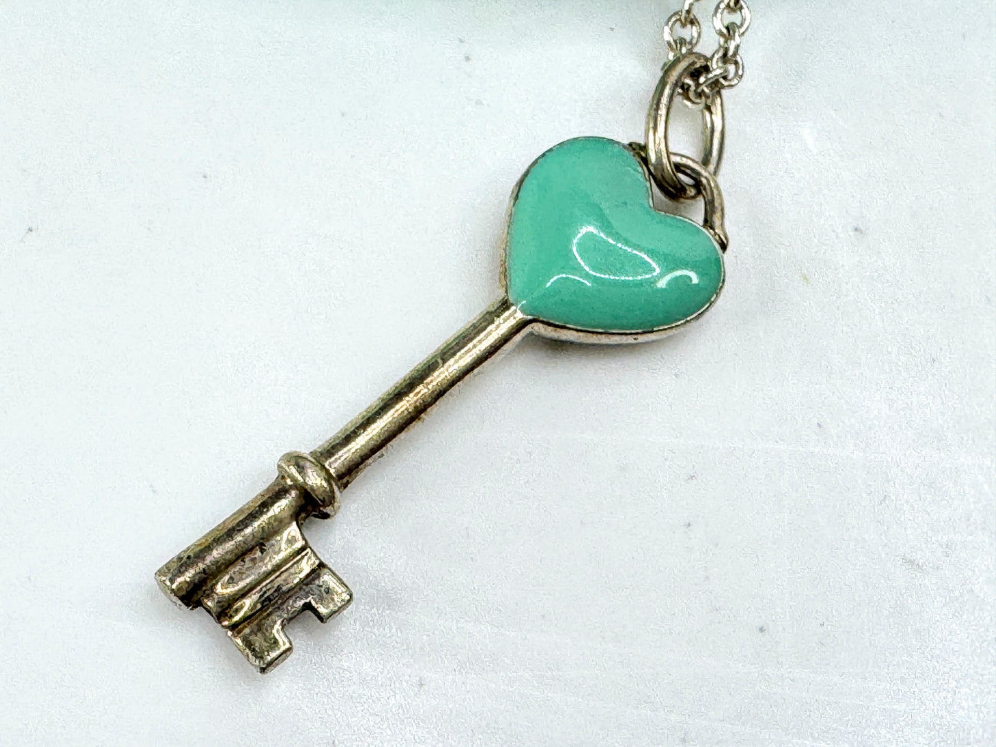 Vintage Tiffany & Co. blue enamel heart key sterling silver pendant 16in JR1907