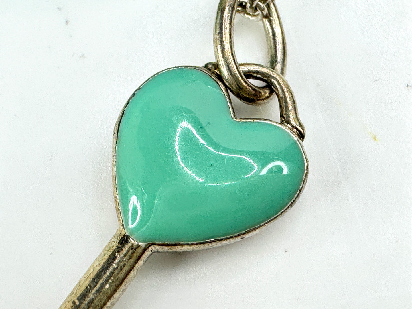 Vintage Tiffany & Co. blue enamel heart key sterling silver pendant 16in JR1907