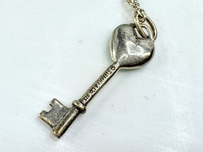 Vintage Tiffany & Co. blue enamel heart key sterling silver pendant 16in JR1907