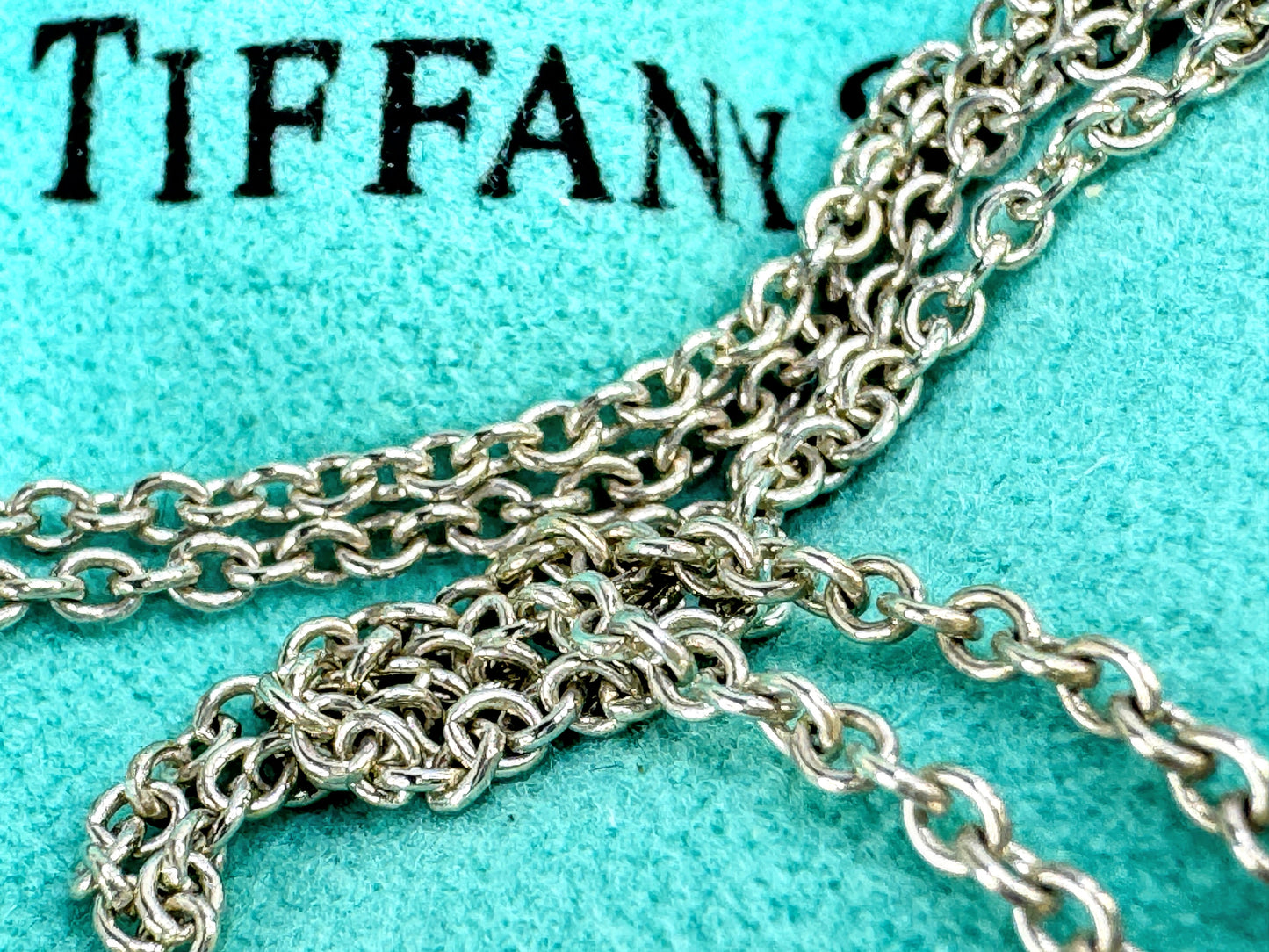 Vintage Tiffany & Co. blue enamel heart key sterling silver pendant 16in JR1907