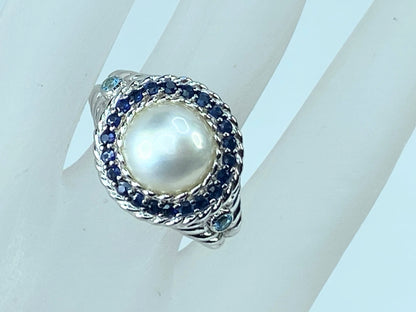 Judith Ripka Sterling Silver Mabe Pearl CZ Cocktail Ring s10 JR8863