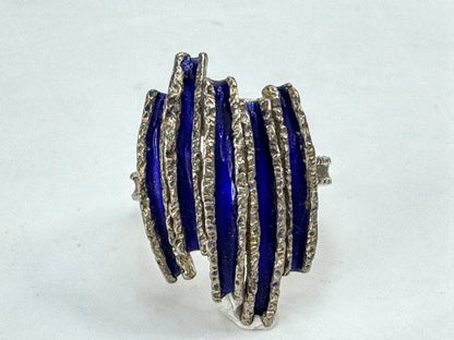 Vintage mid-century blue enamel handmade silver modernist ring size 7, JR1911