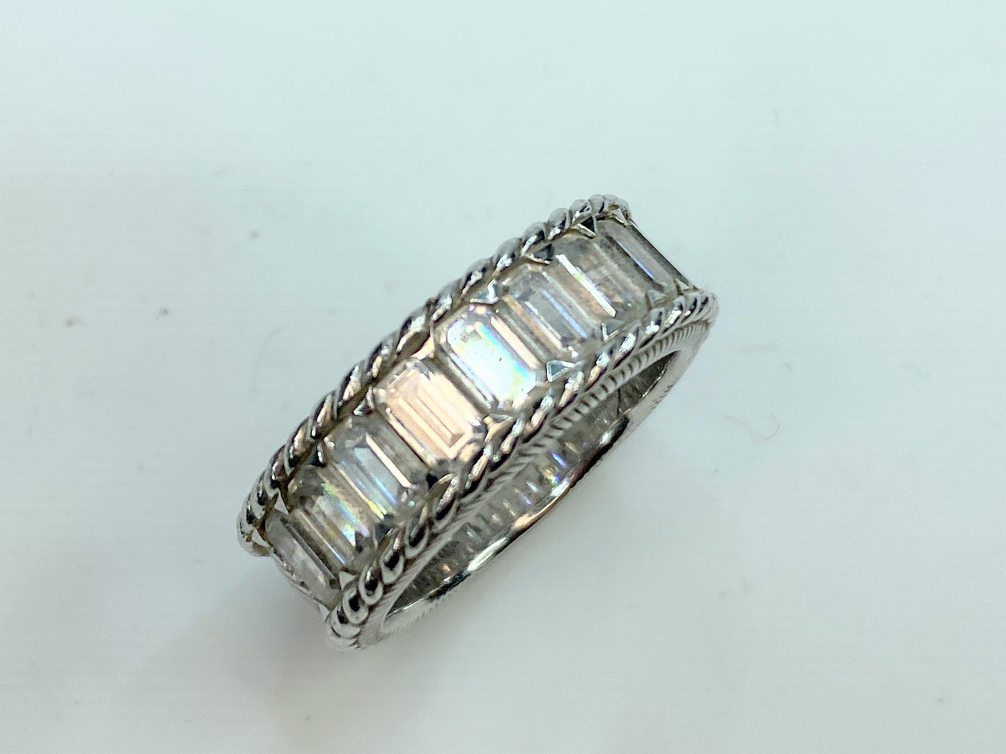 Judith Ripka Emerald Cut CZ 7.8mm Sterling Silver Cable Rope Edge Band GS264