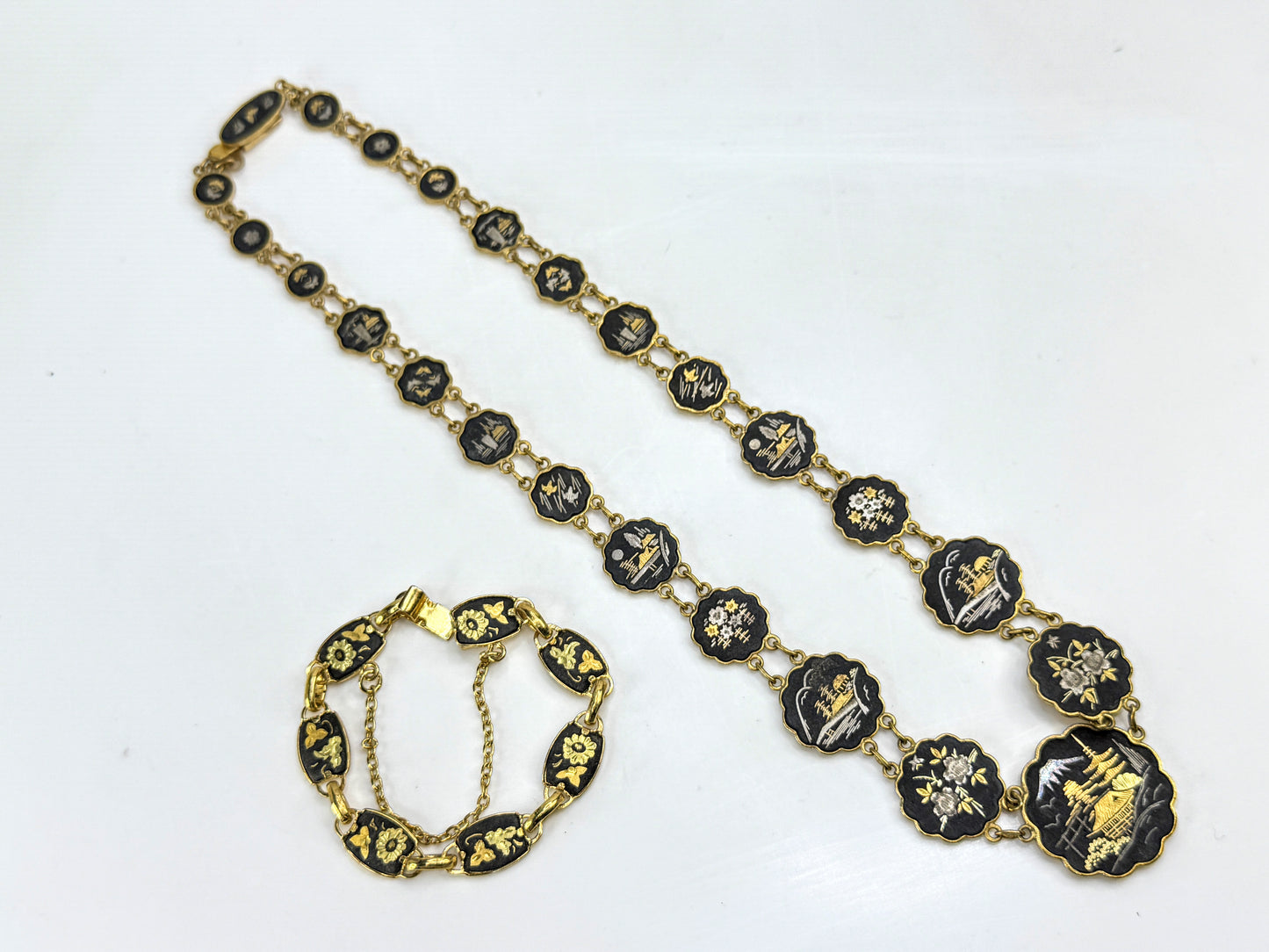 Vintage Japanese Komai Damascene Necklace and Bracelet Set 39g 17" GS846