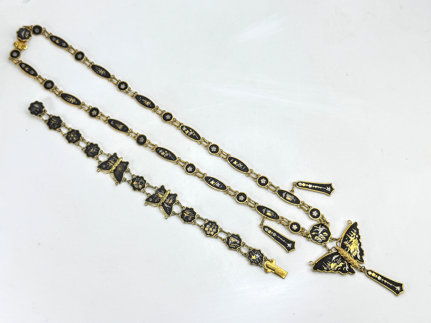 Vintage Japanese Komai damascene butterfly necklace bracelet matched set GS847